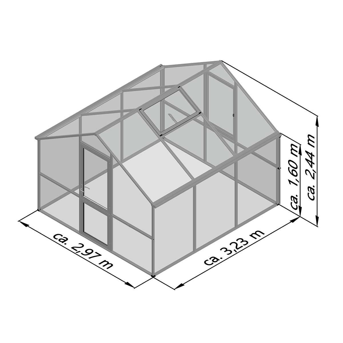 Illustration af drivhus med angivne mål