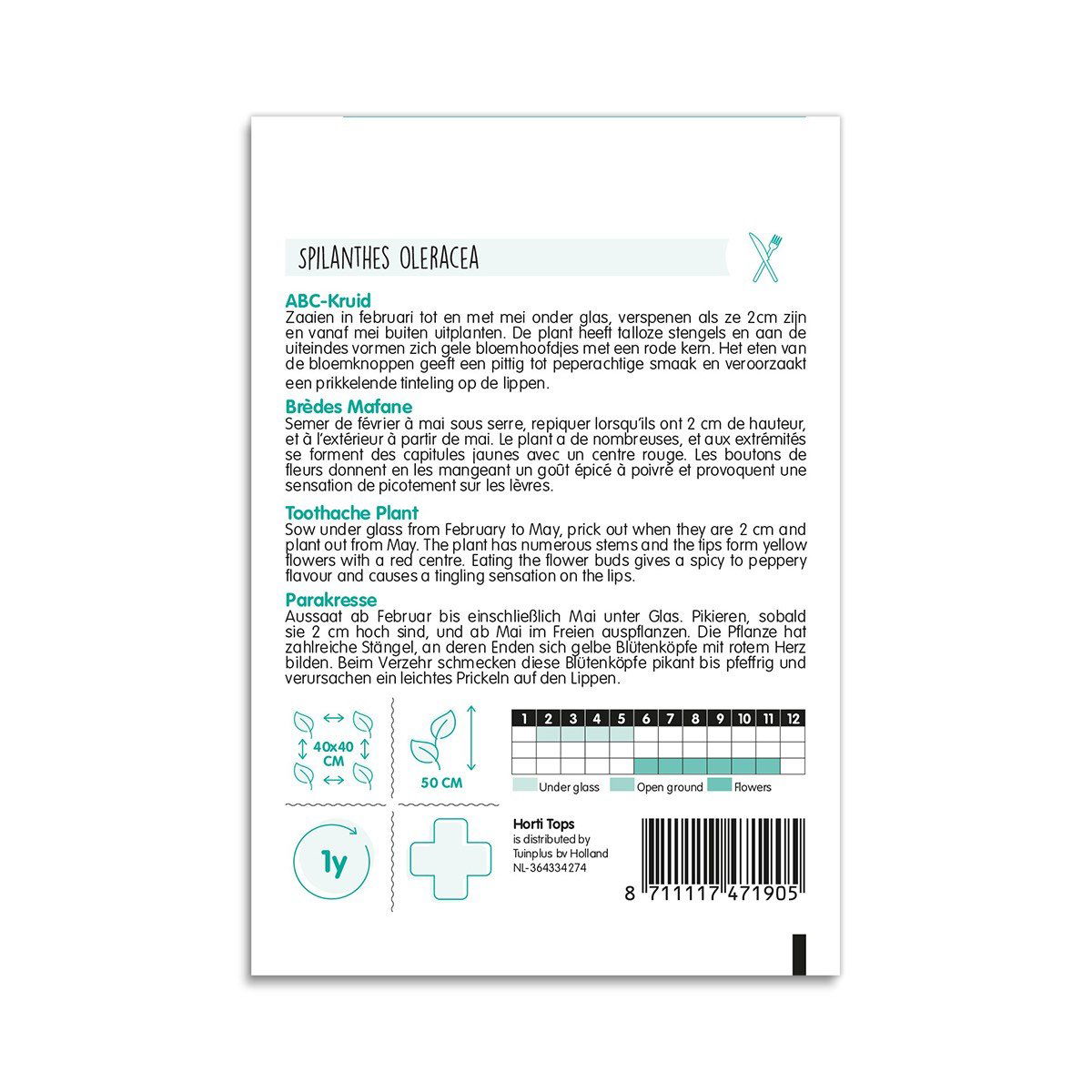 Bagside af frøpose til Spilanthes oleracea plante