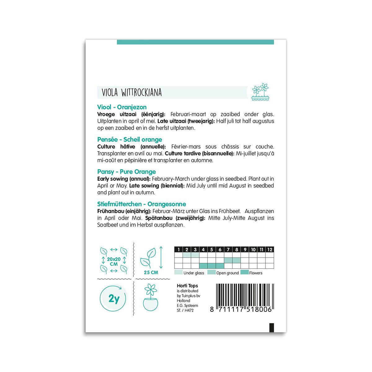 Bagside af frøpose til Viola witrockiana stedmoderblomst