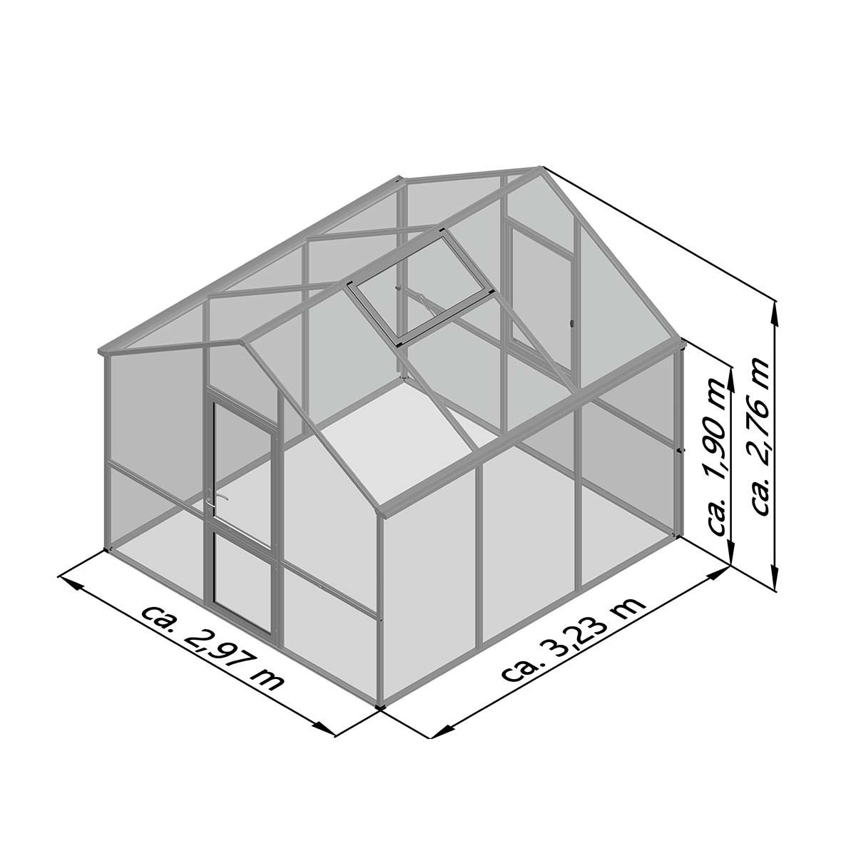 Tegning af drivhus 2,97 x 3,23 x 2,76 m