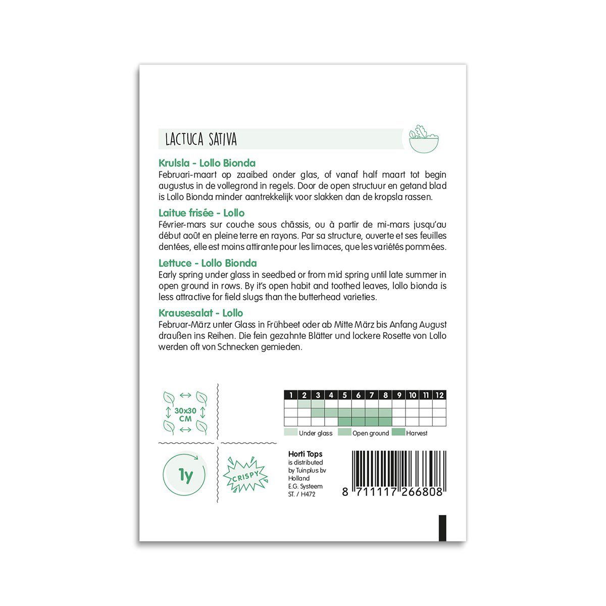 Bagside af frøpose til Lollo Bionda salat Lactuca sativa