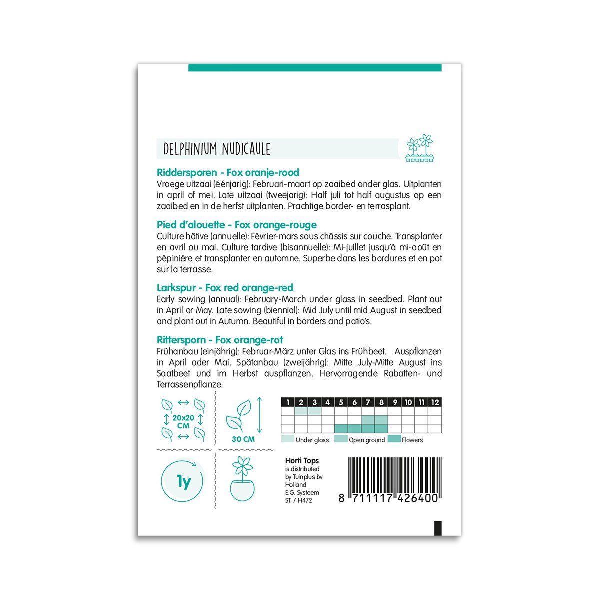 Frøpose Delphinium nudicaule Fox orange-rød