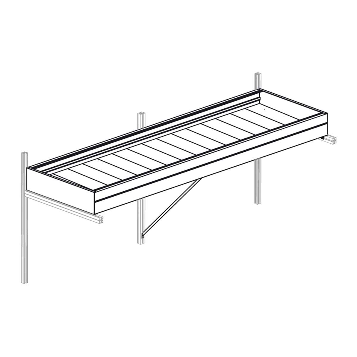 Illustration af vægmonteret stålreol med hylde