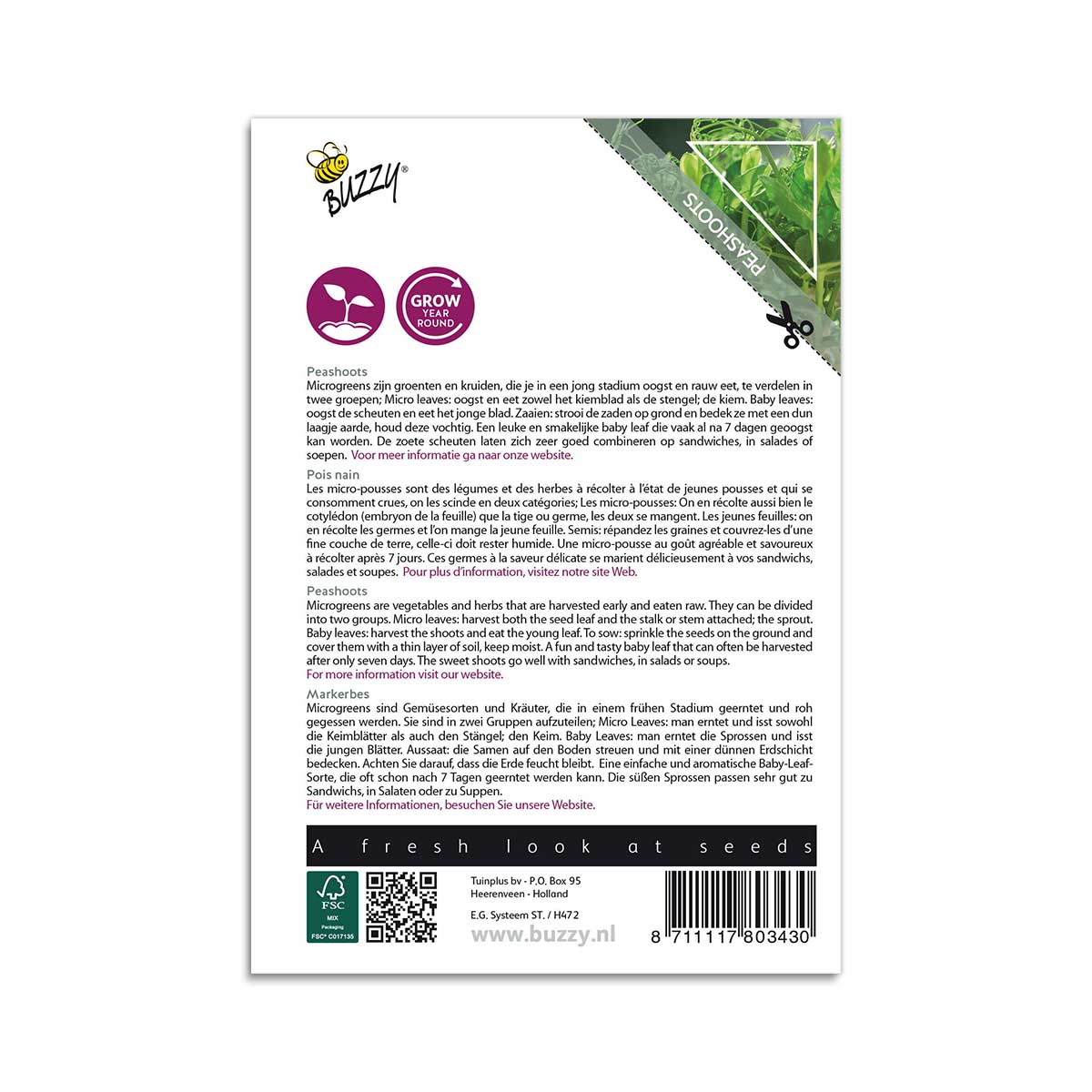 Bagside af Buzzy ærteskud mikrogrønt frøpakke