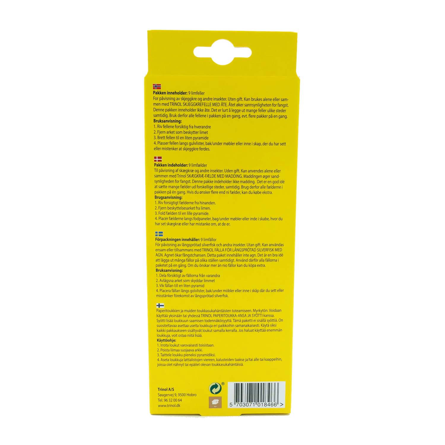 Gul Trinol myrelokkedåse emballage bagside