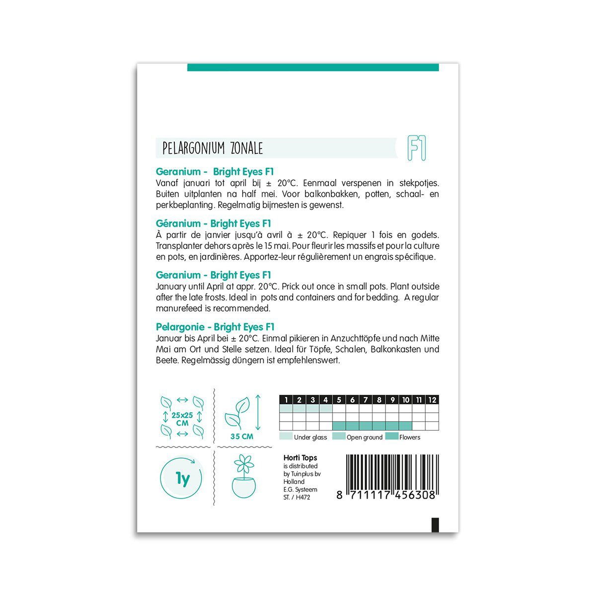 Bagside af frøpose til pelargonie Bright Eyes F1