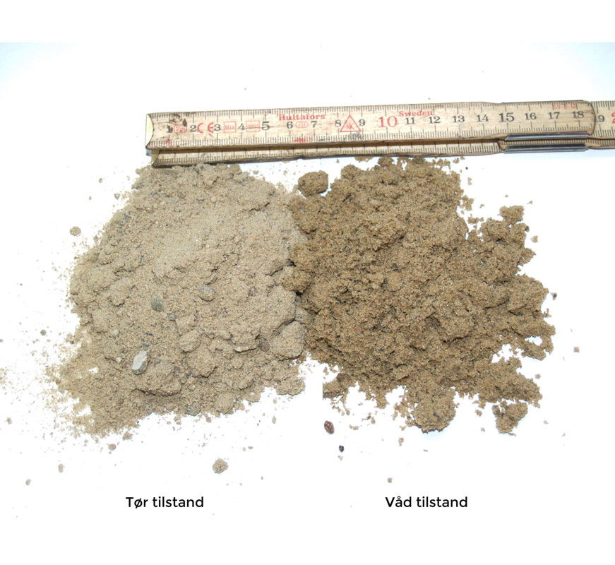Sammenligning af tørt og vådt sand ved siden af tommestok