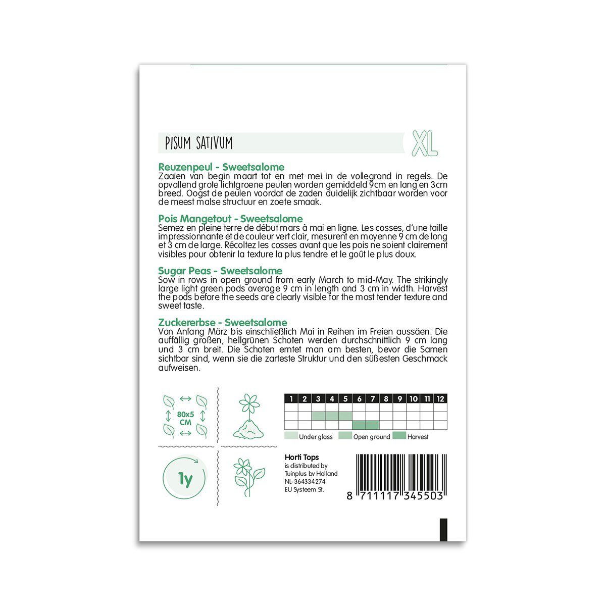 Pisum sativum Sweetsalome sukkerært frøpose bagpå