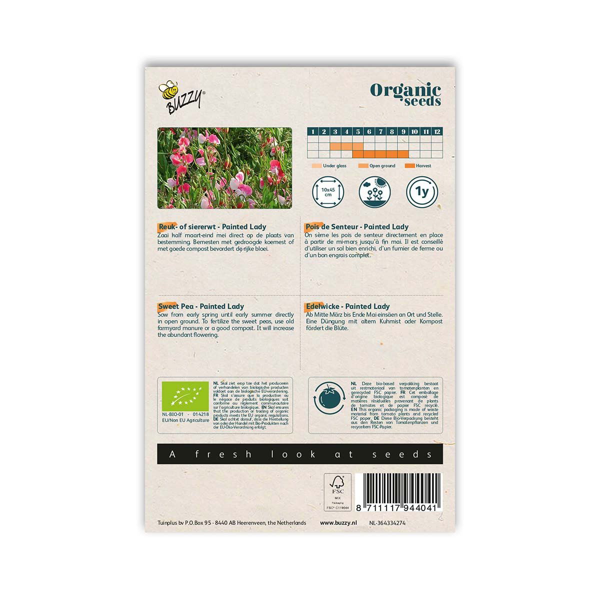 Bagside af pose med økologiske duftært Painted Lady frø