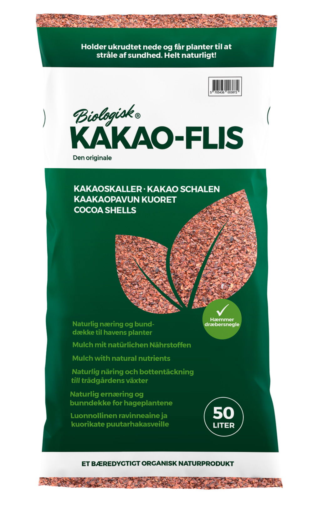 Sæk med biologisk kakaoflis 50 liter til bunddække