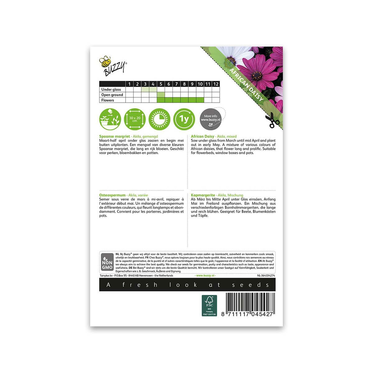 Bagside af frøpose med vejledning til afrikansk margerit