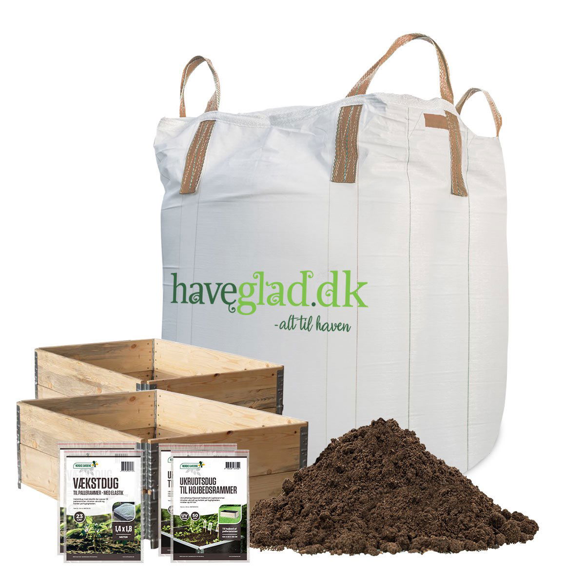 Haveglad sæt til højbede med jord, kasser og dug