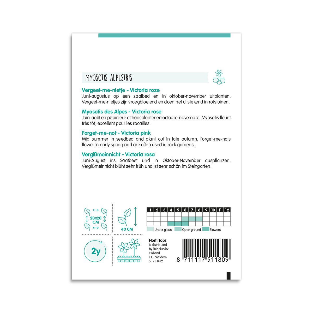 Bagside af pose med forglemmigej frø Victoria rosa