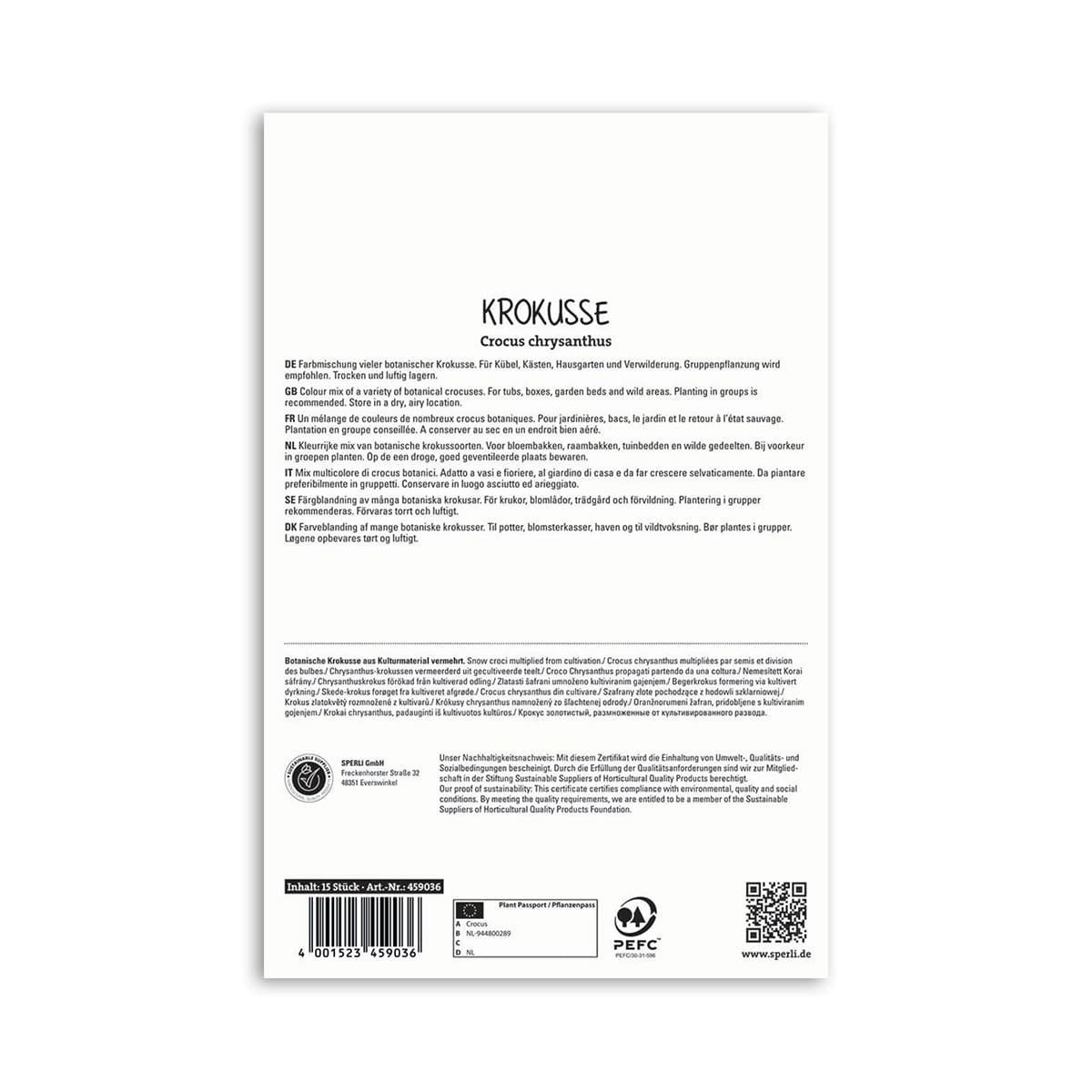 Bagside af pakke med krokusløg, sort Crocus chrysanthus