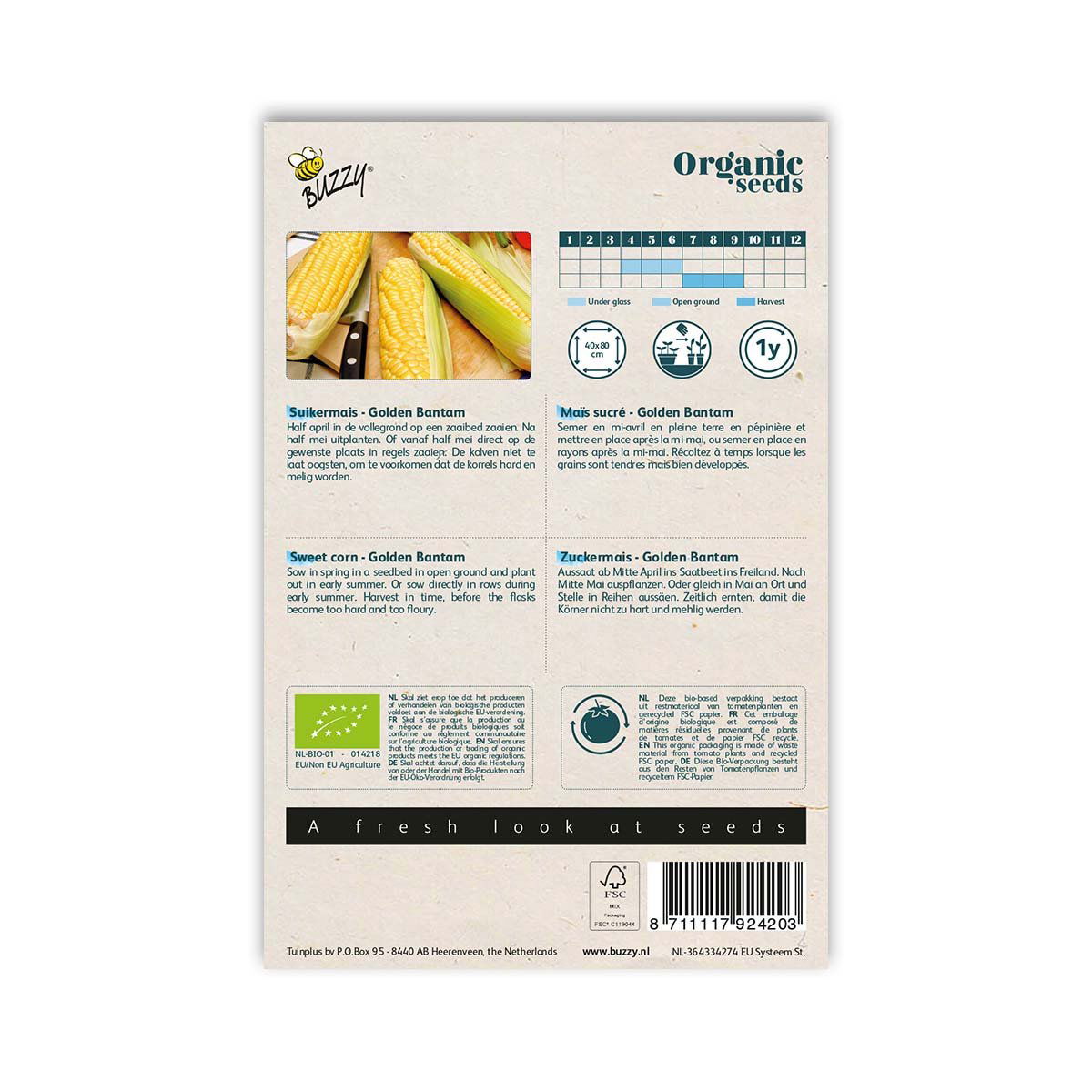 Buzzy økologiske majskorn Golden Bantam frøpose bagside