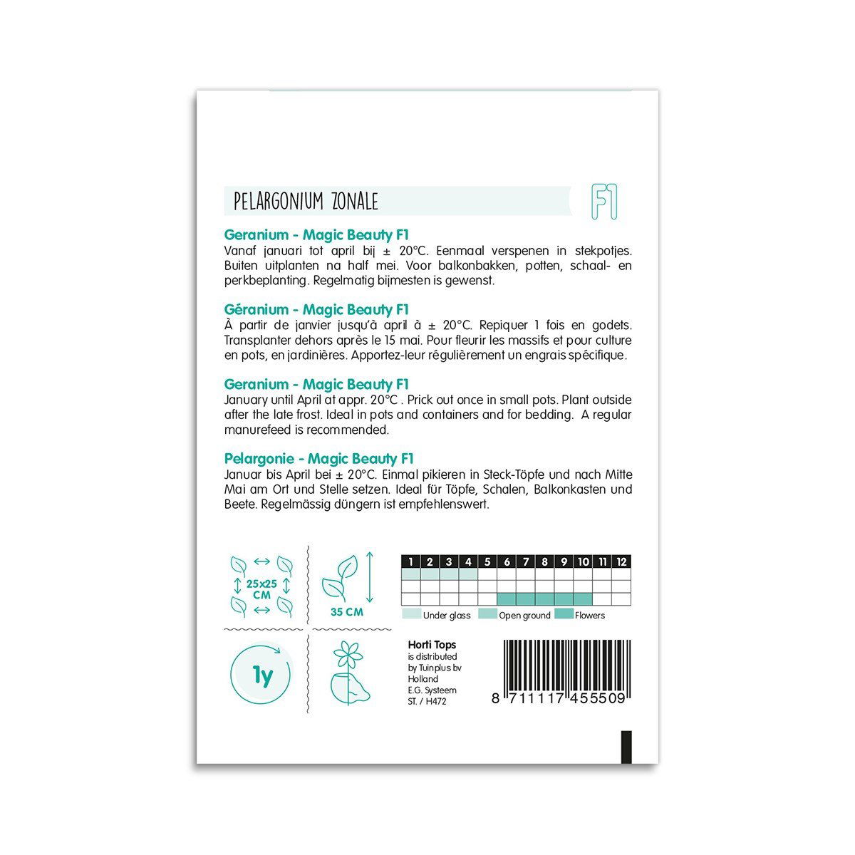 Bagside af frøpose Pelargonium zonale Magic Beauty