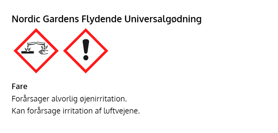 Nordic Gardens flydende universalgødning advarsel Sikkerhedspiktogrammer for Nordic Gardens flydende gødning