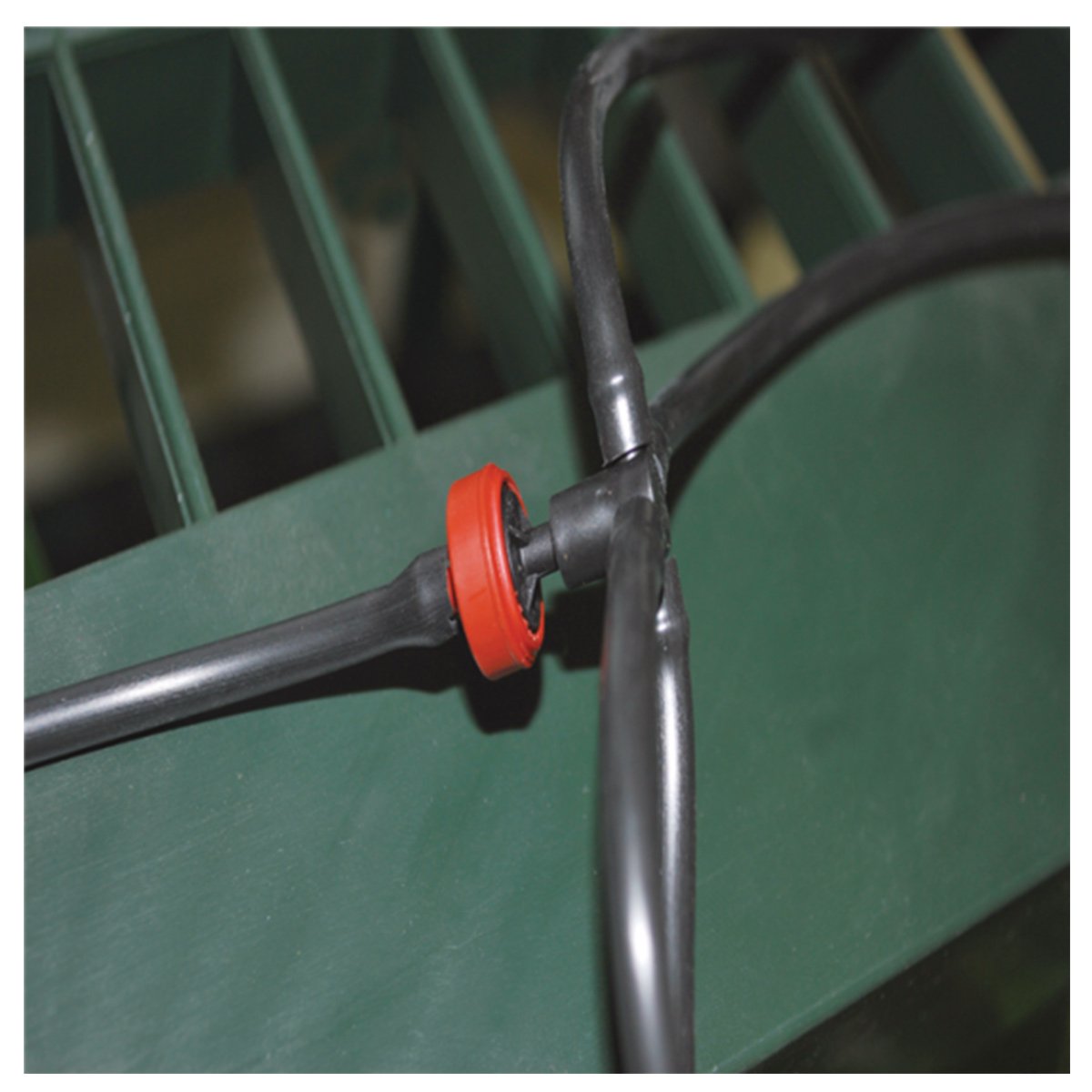 Sort drypslange med rød kobling på grøn rist