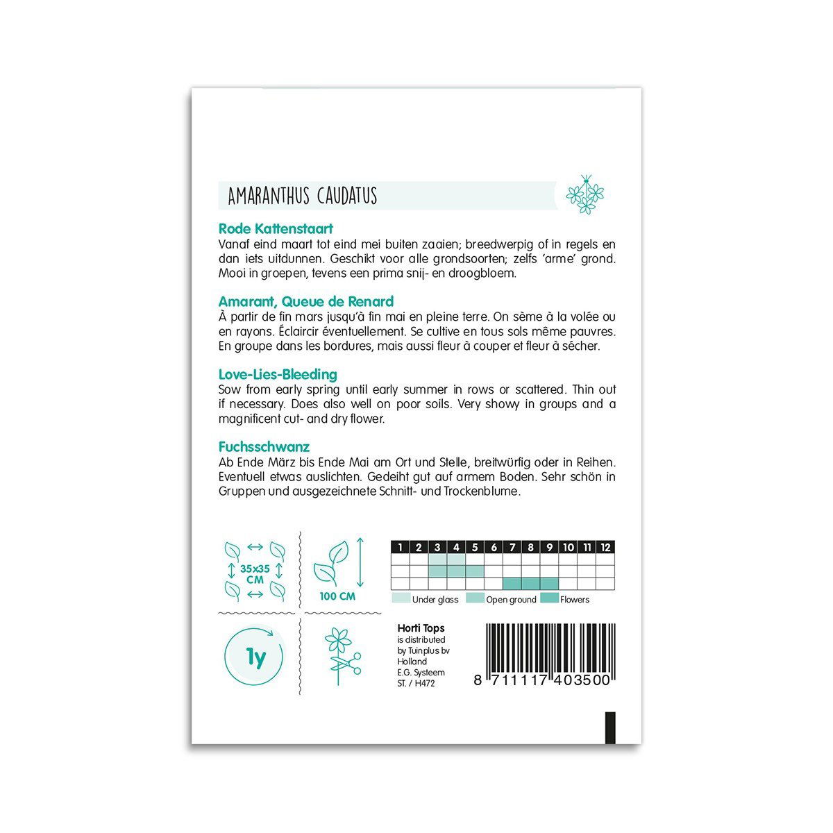 Bagside af pose med Amaranthus caudatus frø