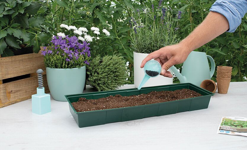 Hånd der sår frø i plastbakke med jord og urtepotter