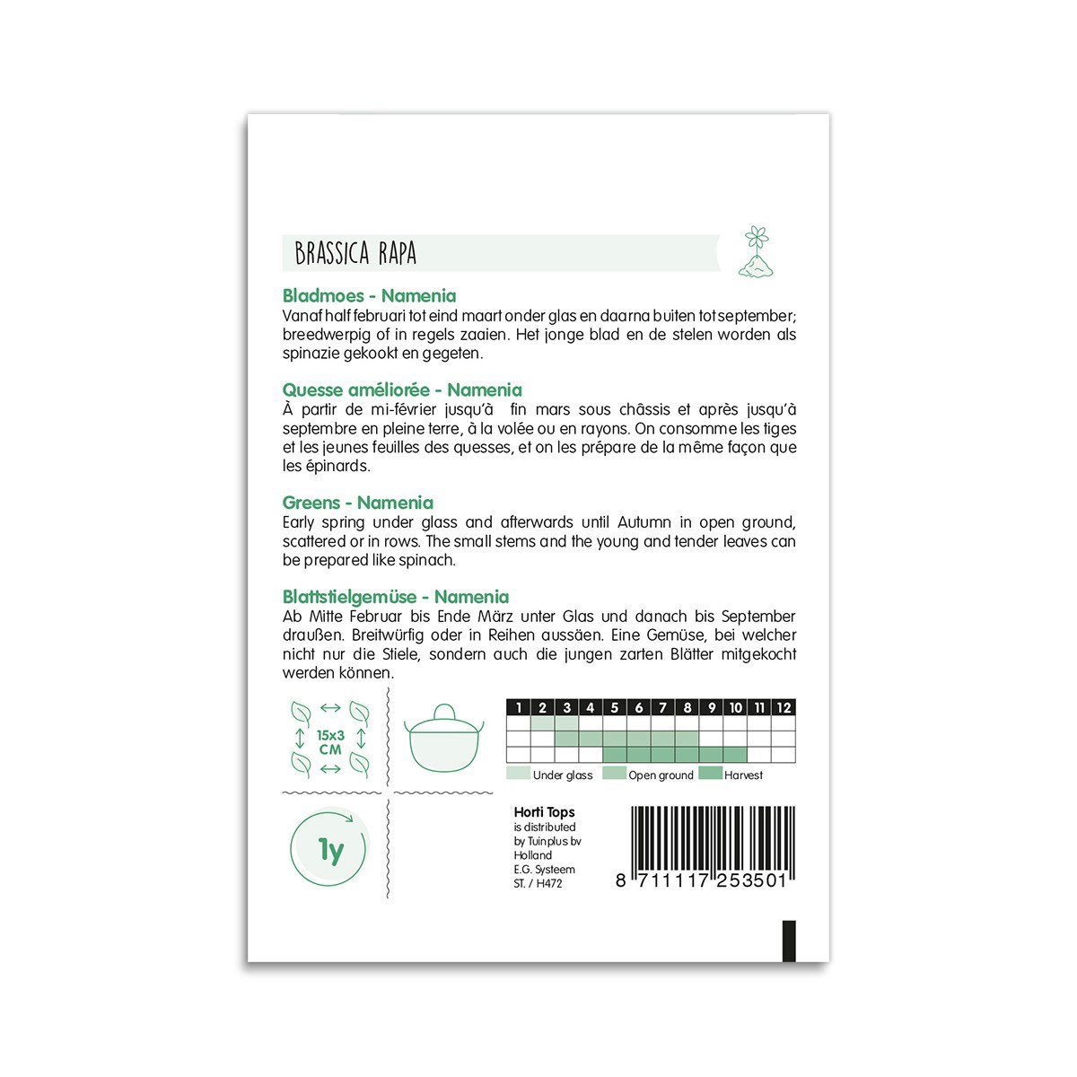 Bagside af frøpose til Brassica rapa Namenia bladgrøntsag