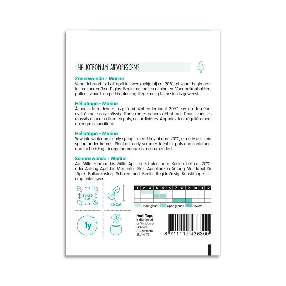 Bagside af frøpose til heliotropium arborescens
