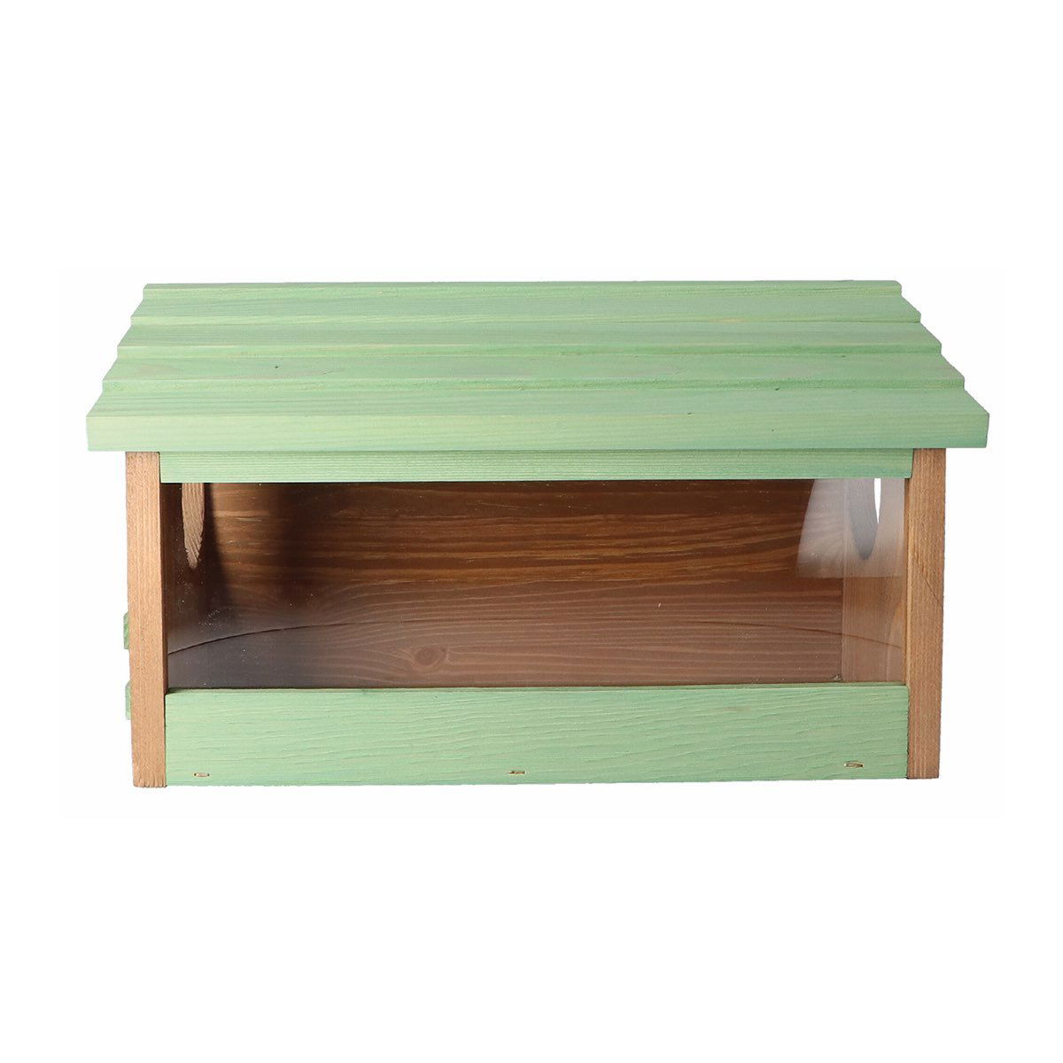 Rektangulært grønt fuglefoderhus i træ med plexiglas