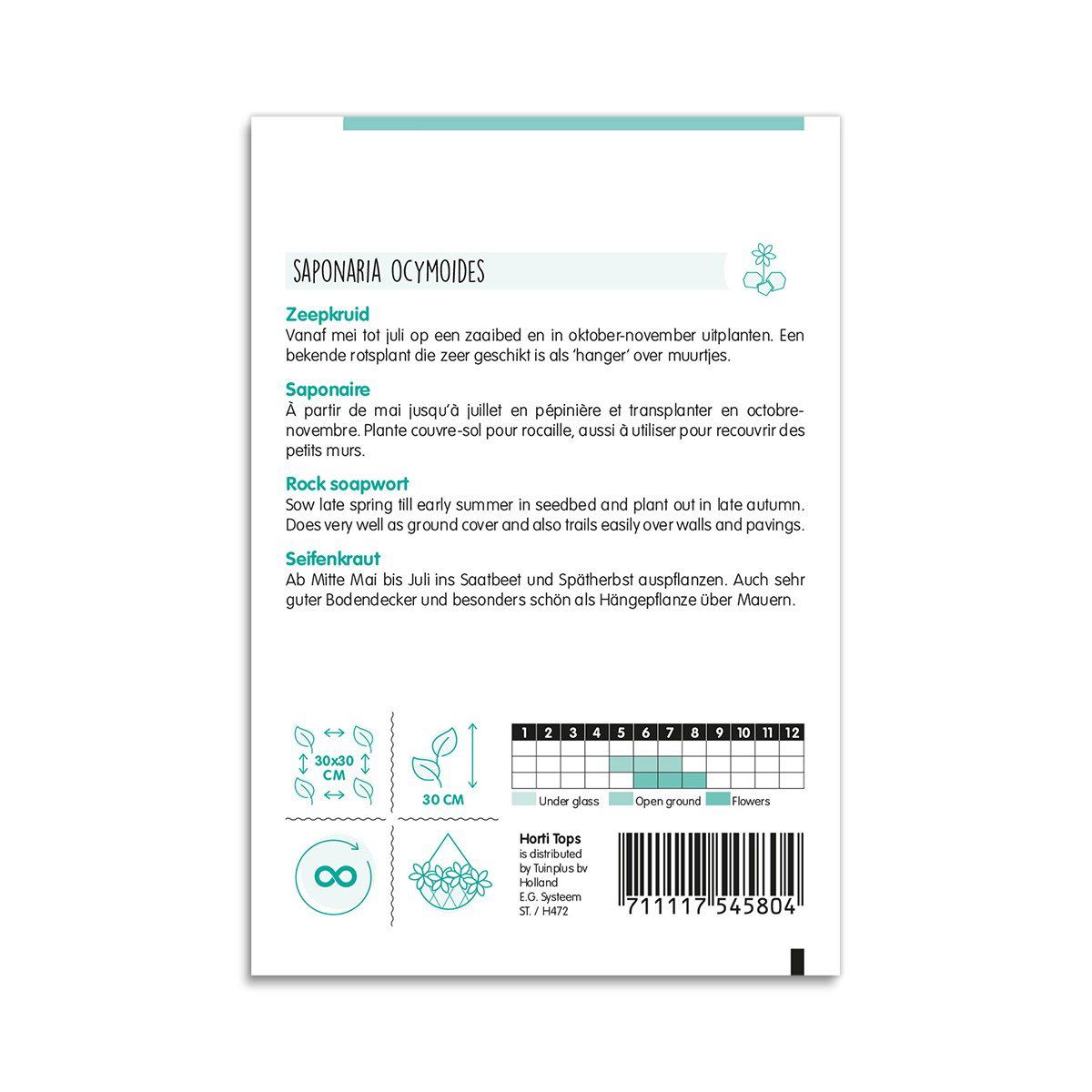 Bagside af frøpose til Saponaria ocymoides sæbeurt