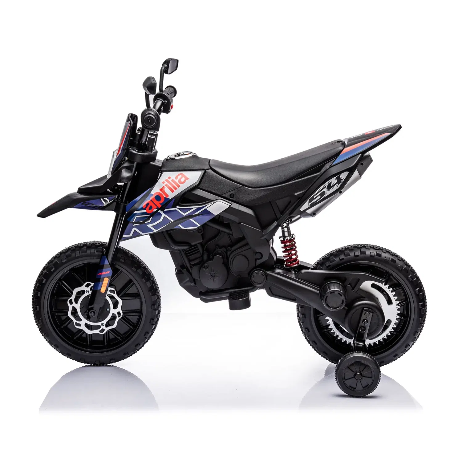 Aprilia el-motorcykel til børn – NORDIC PLAY Speed blå med støttehjul, Bluetooth og musik Blå Aprilia el-motorcykel til børn fra NORDIC PLAY Speed med aftagelige støttehjul, forlygte, Bluetooth, musik og strømindikator – licenseret design, 50W motor, topfart ca. 6 km/t, velegnet til 3-8 år
