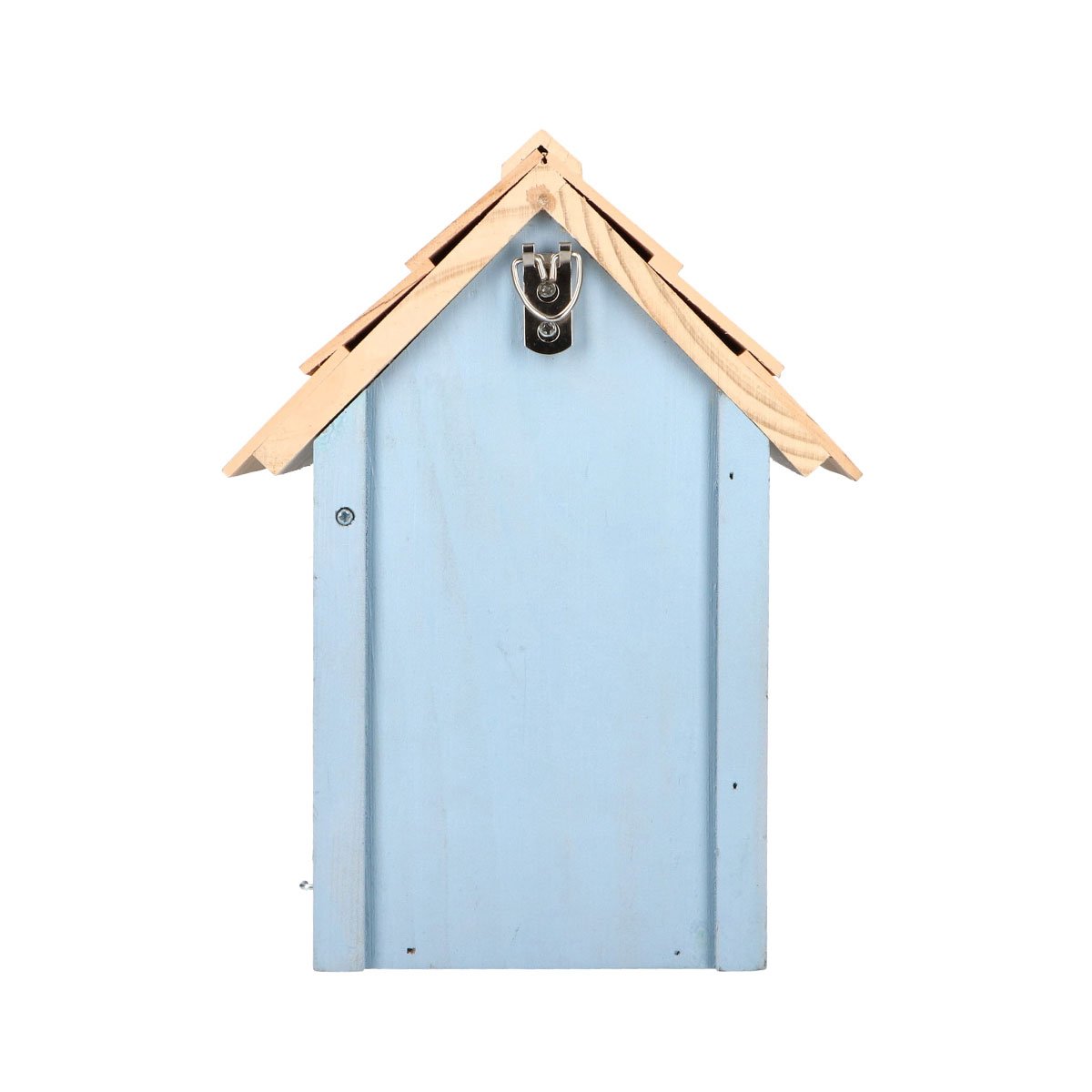 Blå træfuglekasse set bagfra med ophængsbeslag