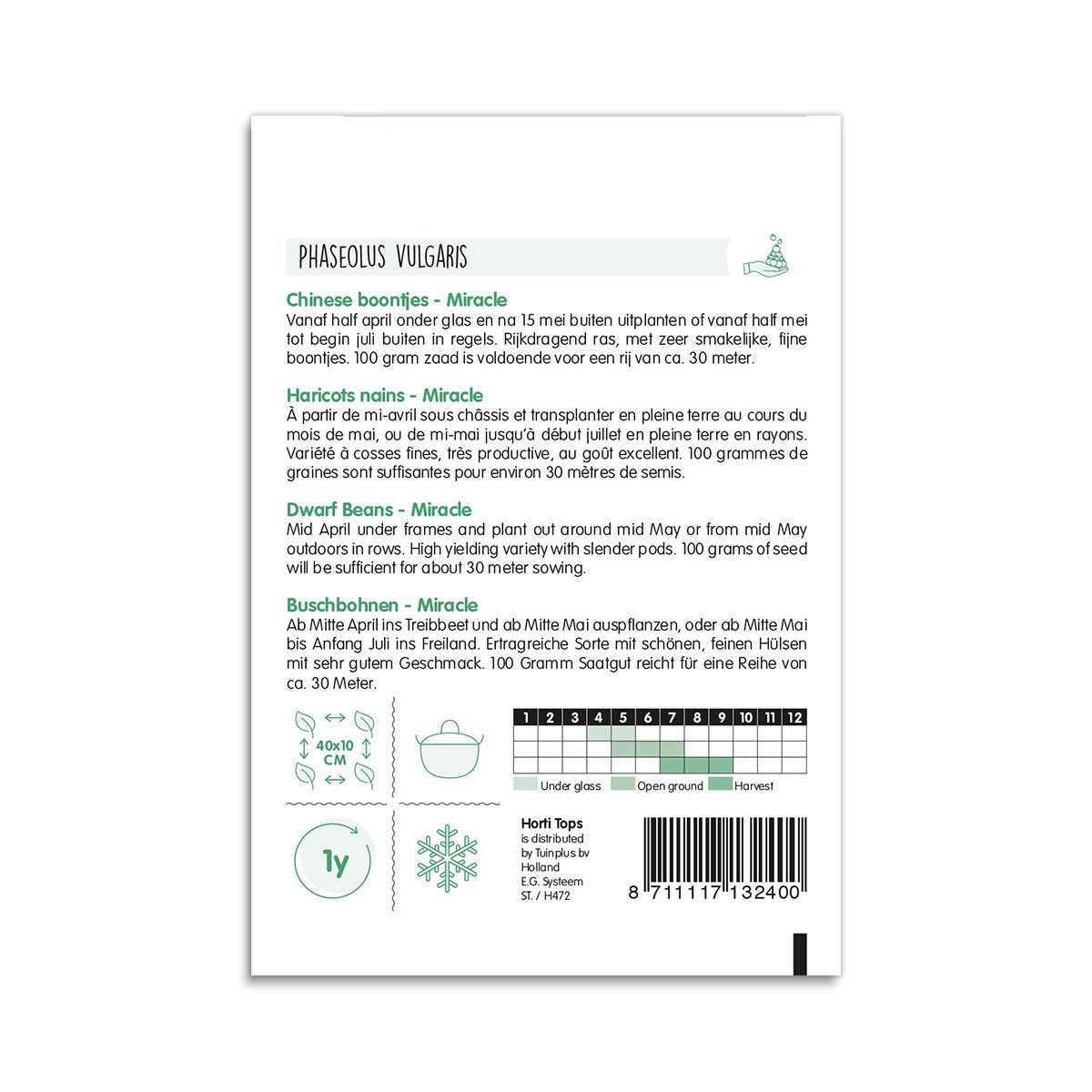 Bagside af frøpose til dværgbønner Miracle med dyrkningsvejl