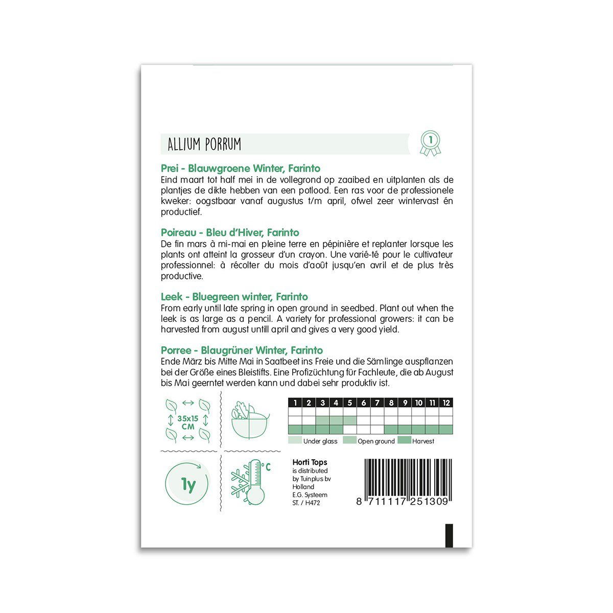 Bagside af frøpose til porre Blaugrøn vinter Farinto