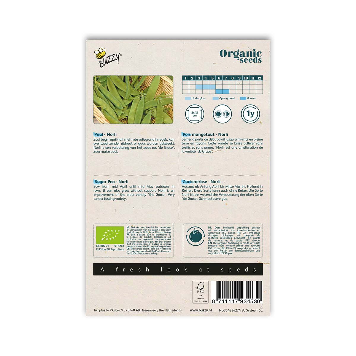 Bagside af frøpose til økologiske sukkerærter Norli