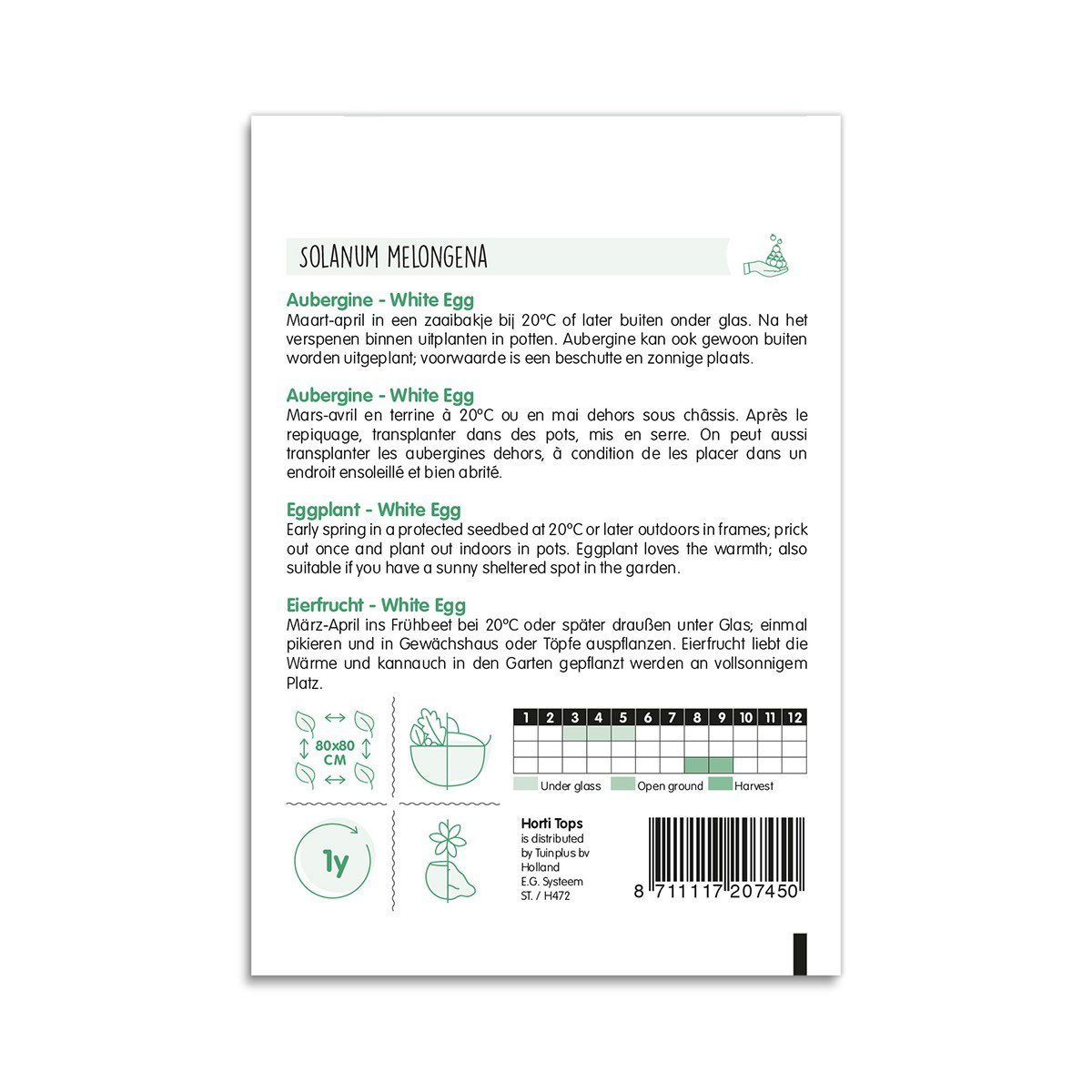 Bagside af frøpose til aubergine White Egg med vejledning