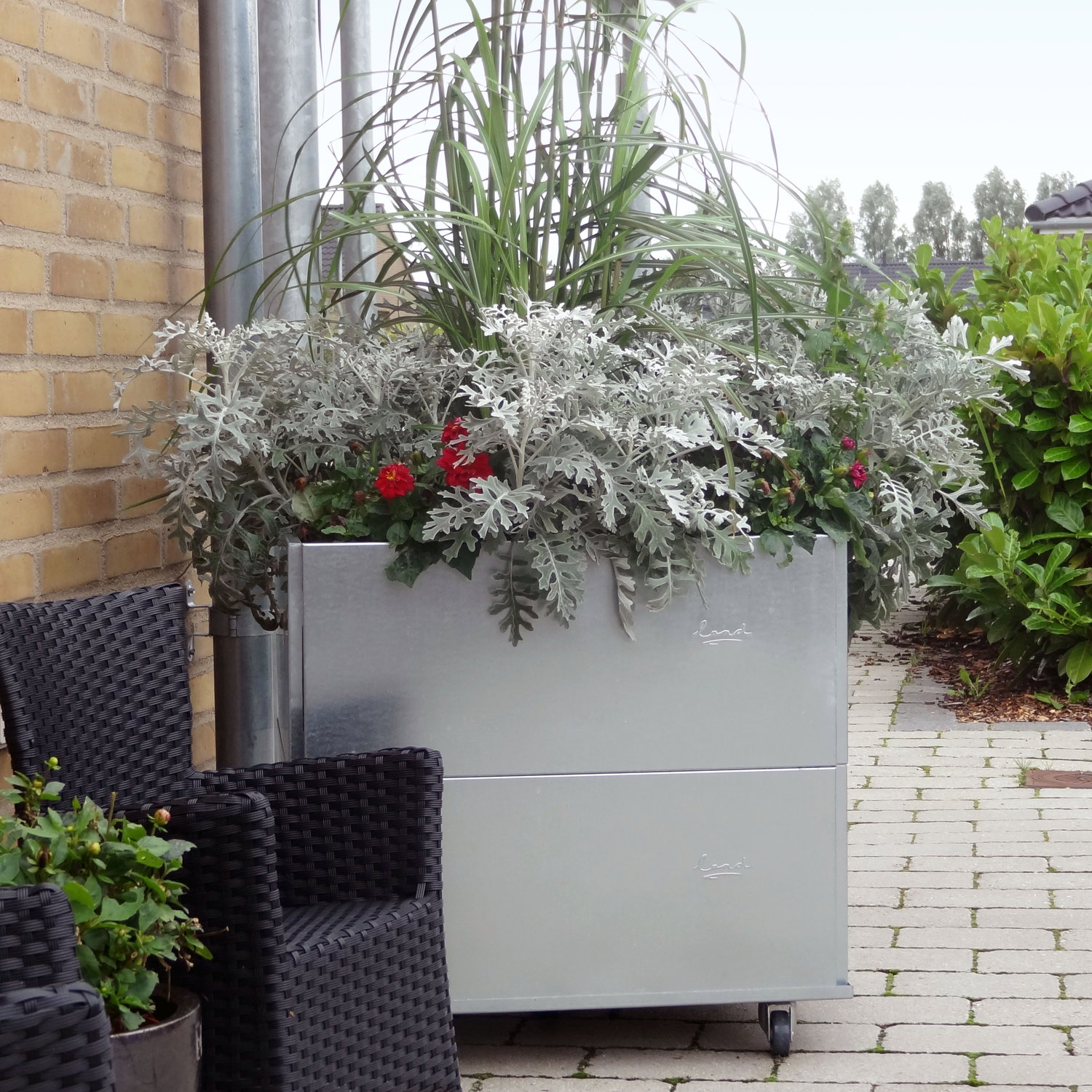 Stor galvaniseret plantekasse på hjul til terrasse Galvaniseret plantekasse på hjul med terrasseplanter