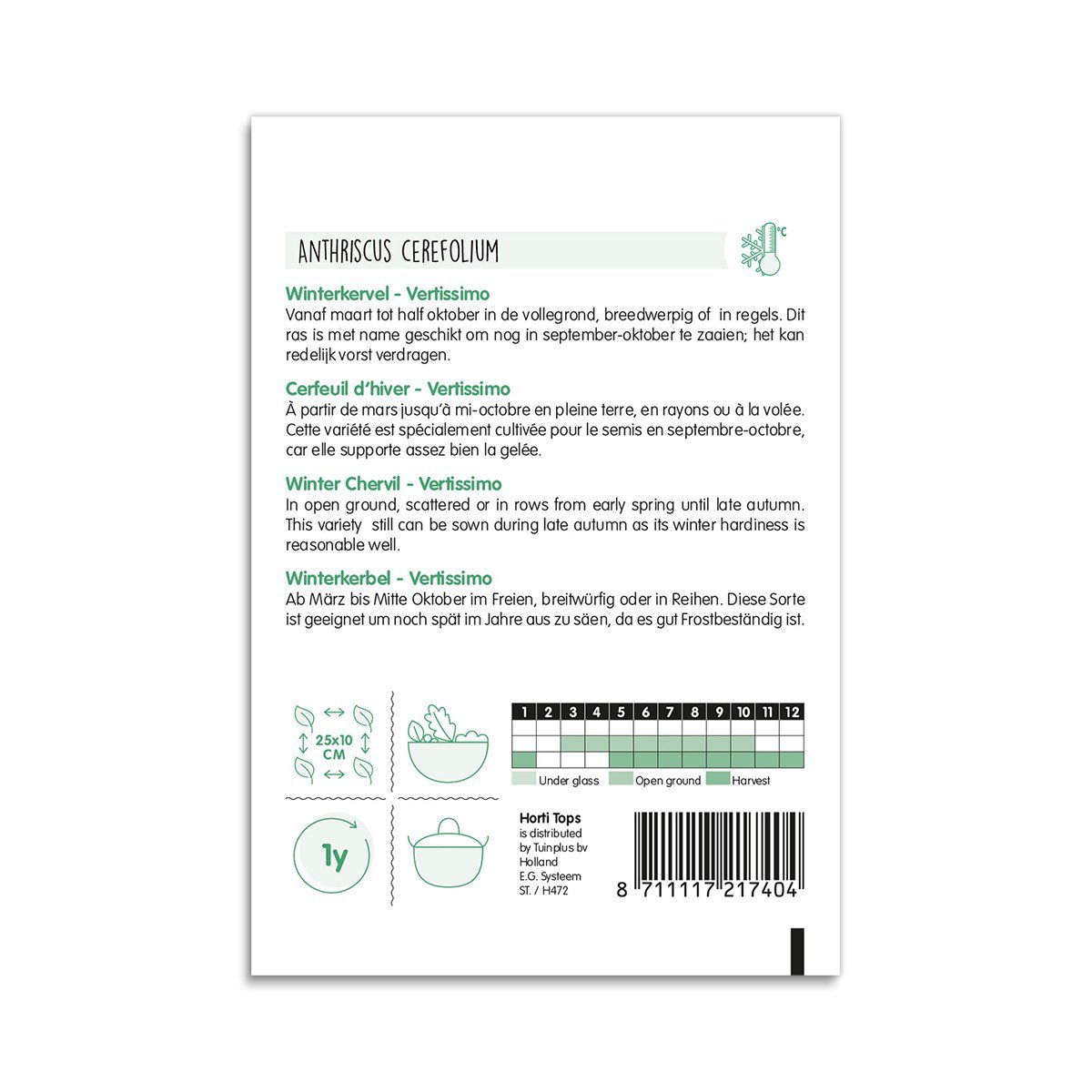Bagsiden af frøpose til vinterkørvel Vertissimo med vejledni