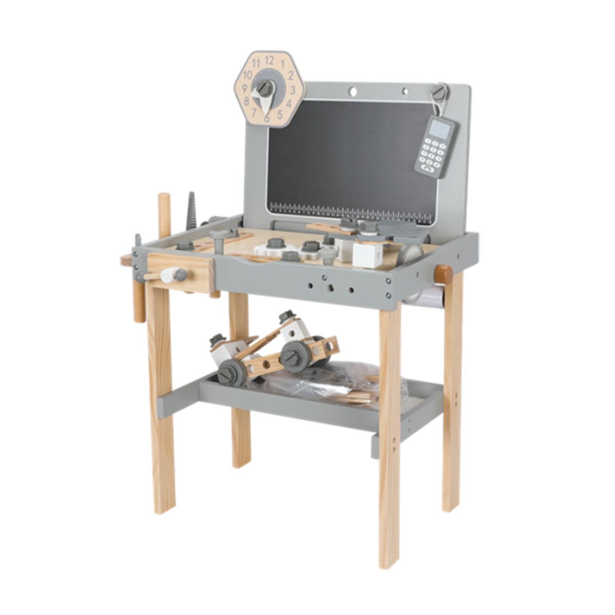 Gråt træværksted til børn med tilbehør