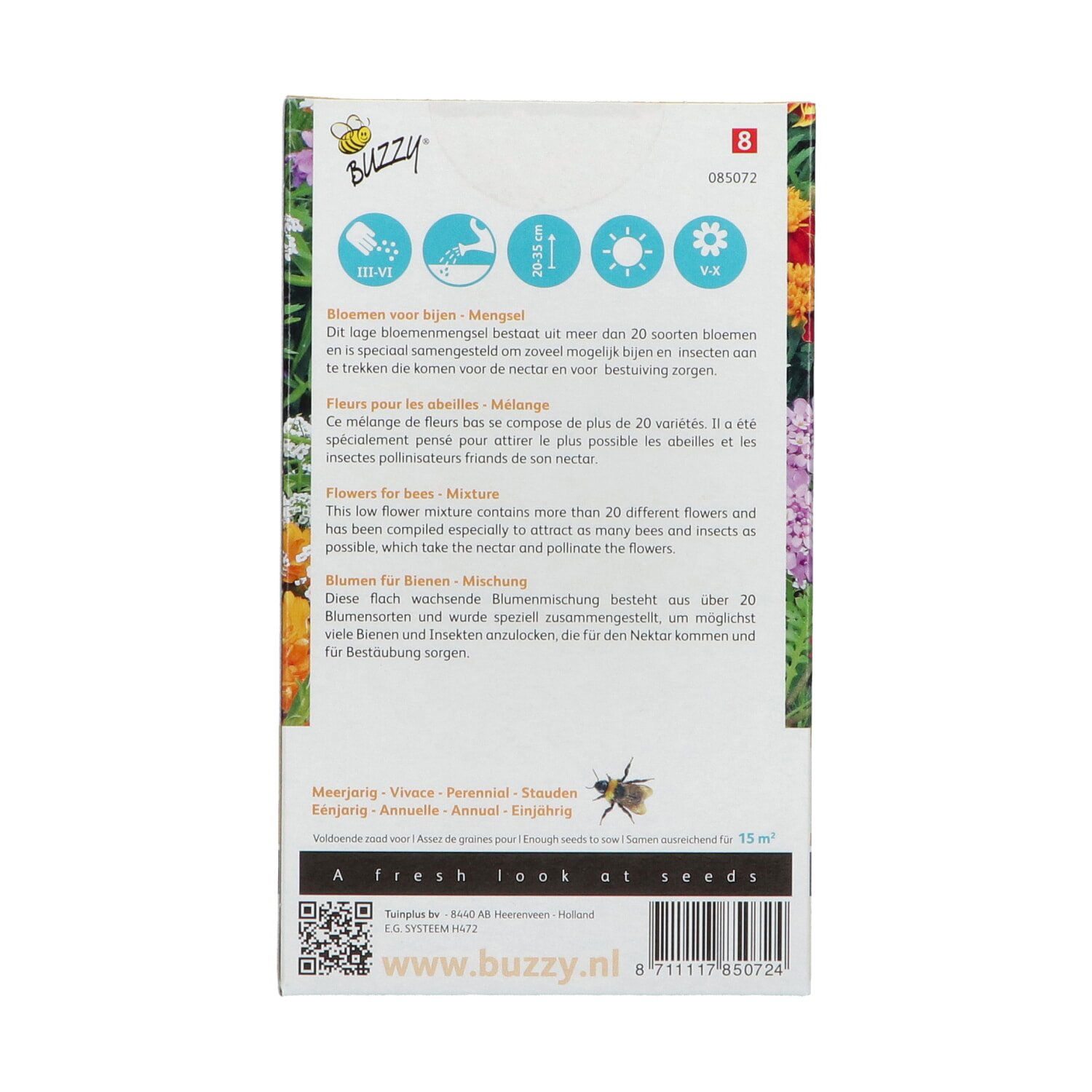 Buzzy blomsterfrøblanding til bier, bagside af pakke
