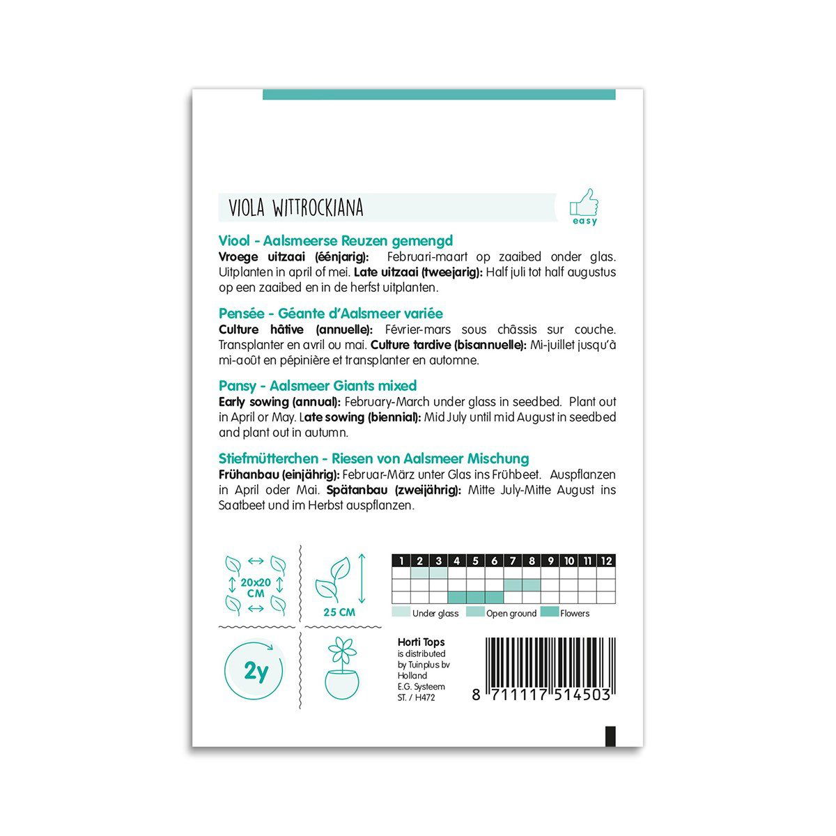 Bagside af Viola witrockiana Aalsmeer Giants frøpose