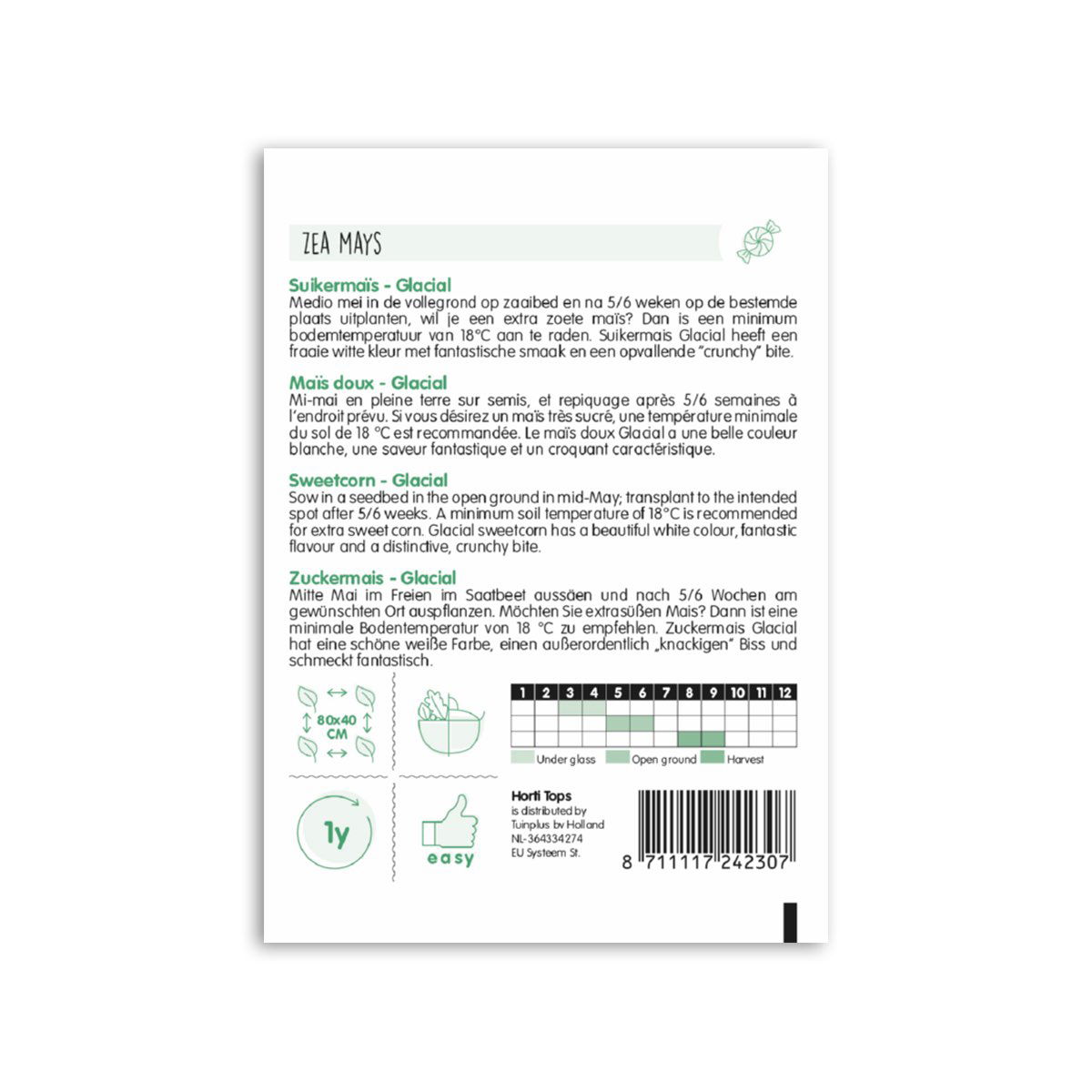 Bagside af frøpose til sukkermajs Glacial