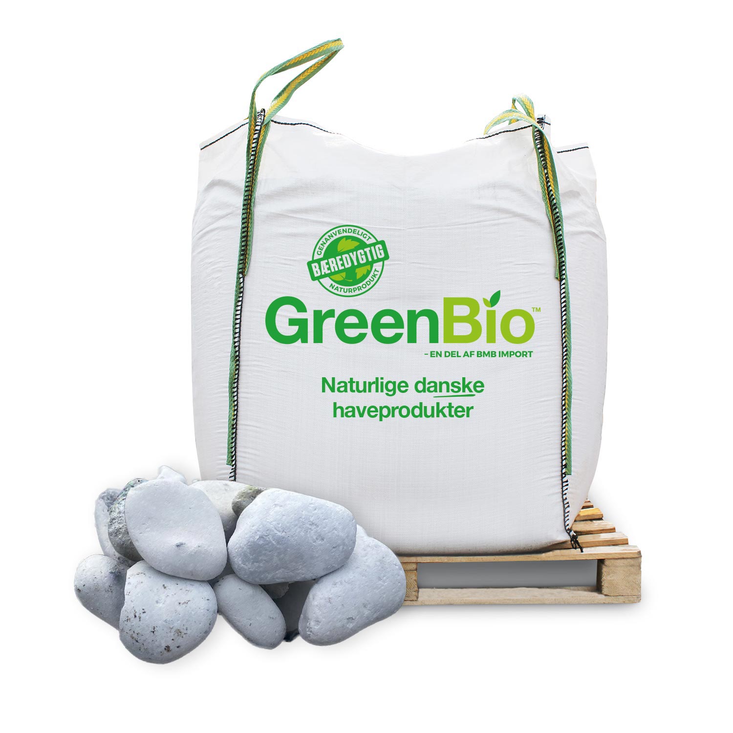 Hvide pyntesten 32-64 mm – GreenBio bigbag til haven | Gratis levering GreenBio bigbag med hvide pyntesten (singels) 32-64 mm på palle, lyse hvide og grå dekorationssten til bede, kant og husgavl