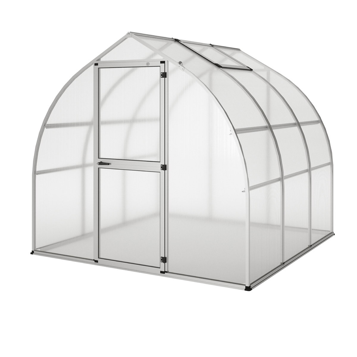KGT Rhodo III drivhus i aluminium, 5,15 m² (2,27 x 2,27 m) KGT Rhodo III drivhus i naturlig aluminium, kuppelformet 2,27 x 2,27 m (5,15 m²) med dør og tagventil, robust ramme og 6 mm twinwall polycarbonatpaneler for stabilt og beskyttet vækstklima