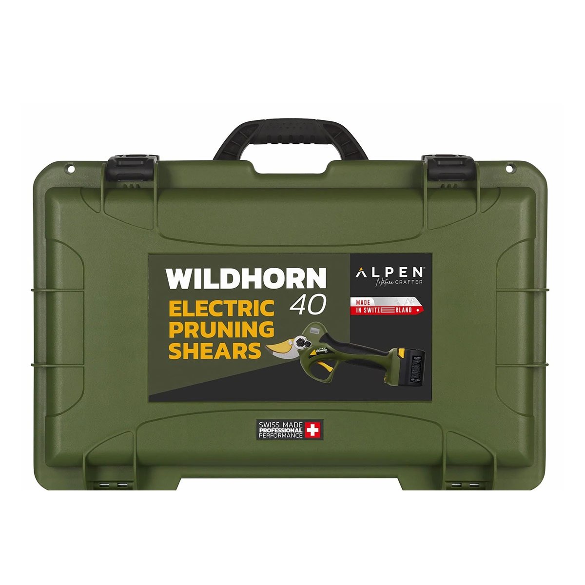 Grøn kuffert med WILDHORN 40 elektrisk beskæresaks