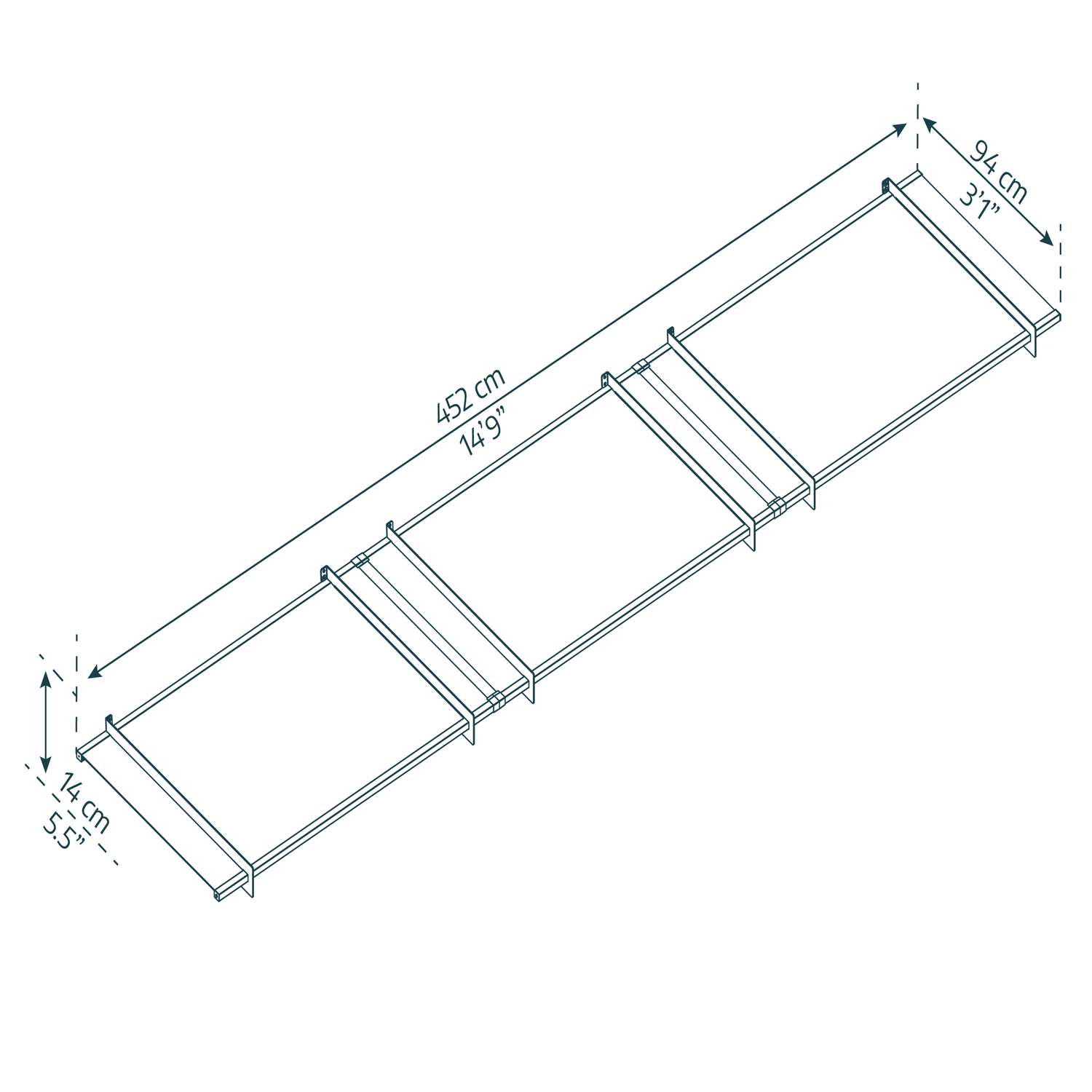 Skitsediagram af reolsystem 452x94x14 cm