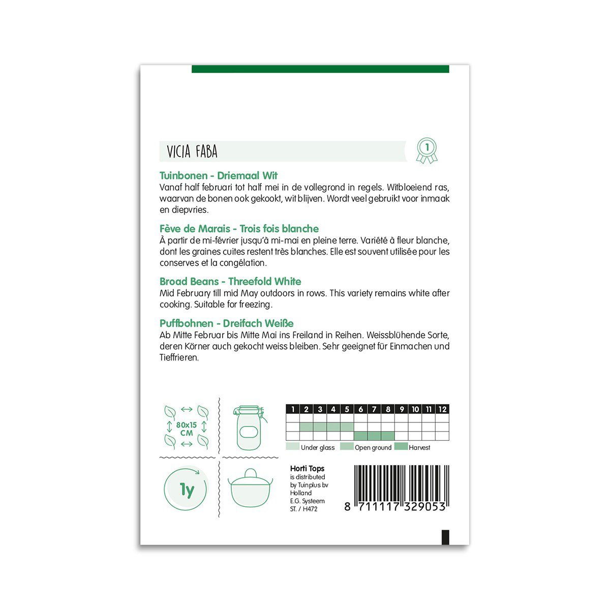 Bagside af frøpose til brede hestebønner Threefold White