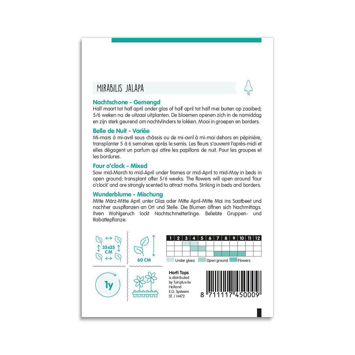 Bagside af frøpose til Mirabilis jalapa blanding