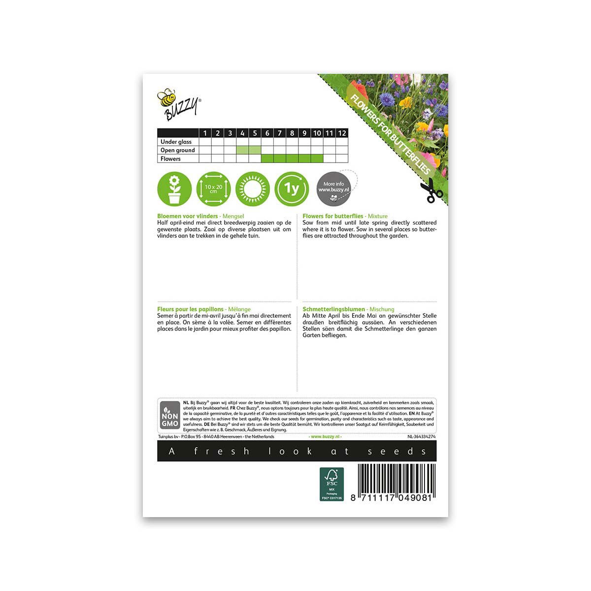 Bagside af Buzzy frøpose med sommerfugleblanding