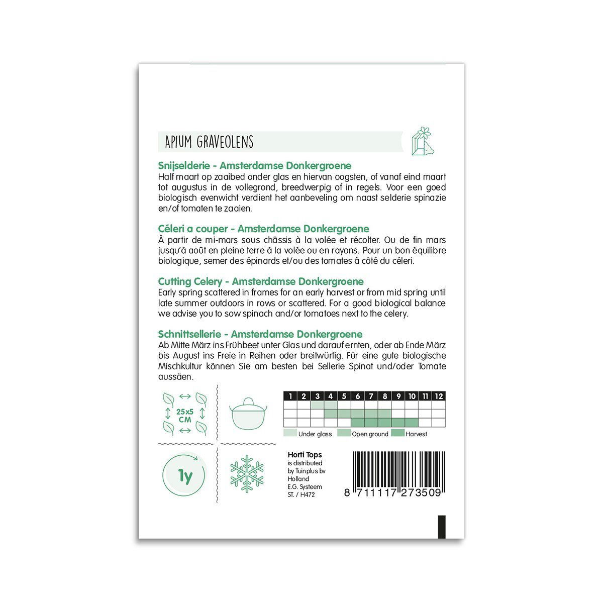 Bagside af frøpose til snitselleri Amsterdamse Donkergroene