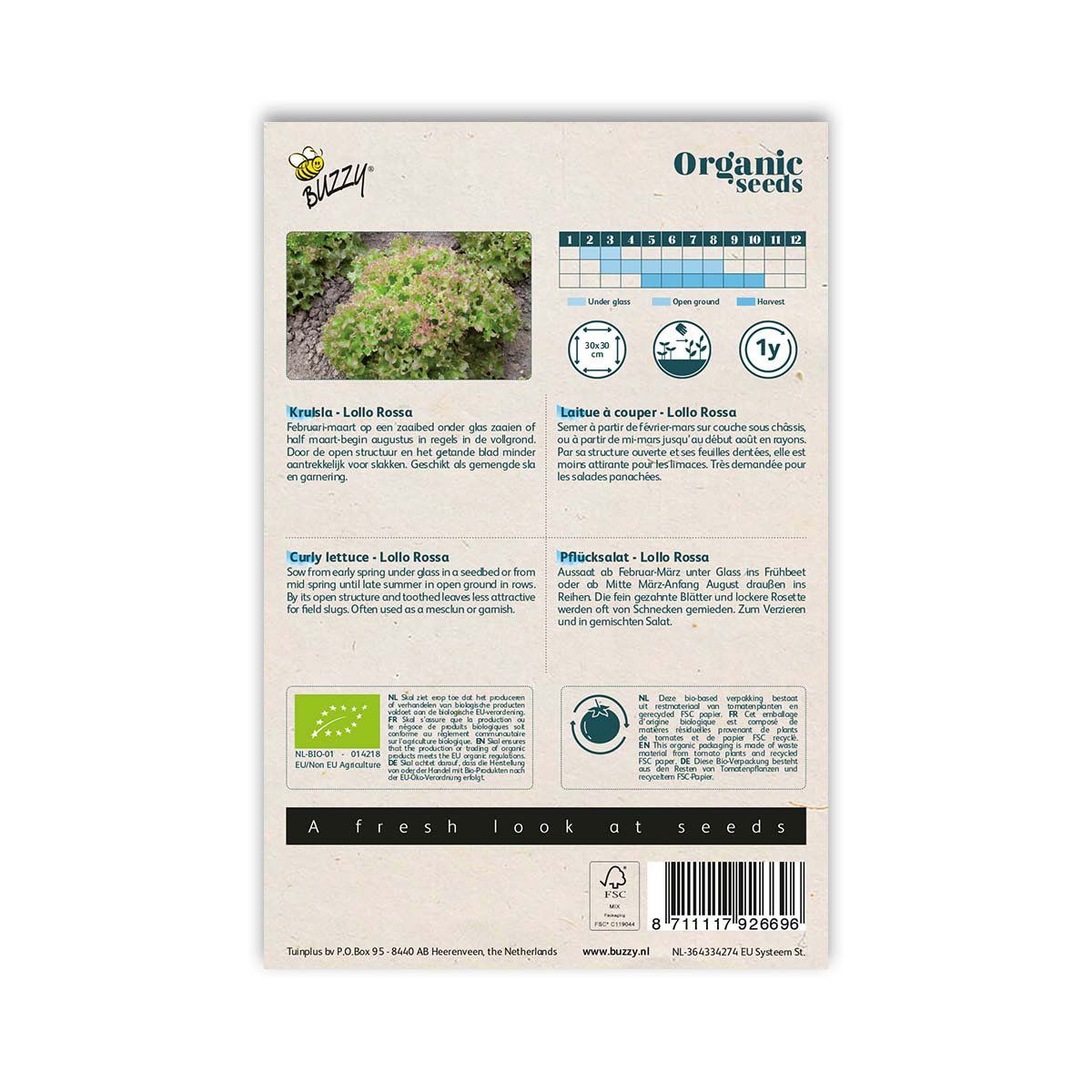 Bagside af pose med økologiske Lollo Rossa salatfrø