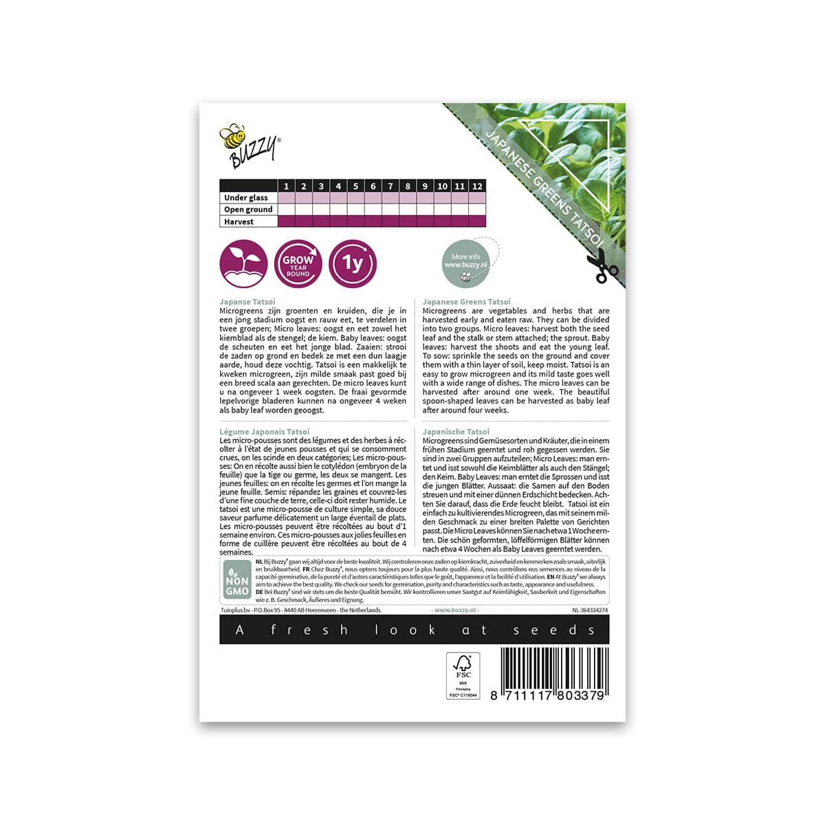 Bagside af Buzzy frøpose til japanske tatsoi-mikrogrønt